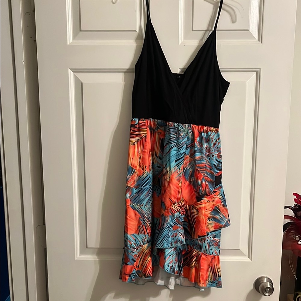 Black Bodice Tropical Print Spaghetti Strap Dress